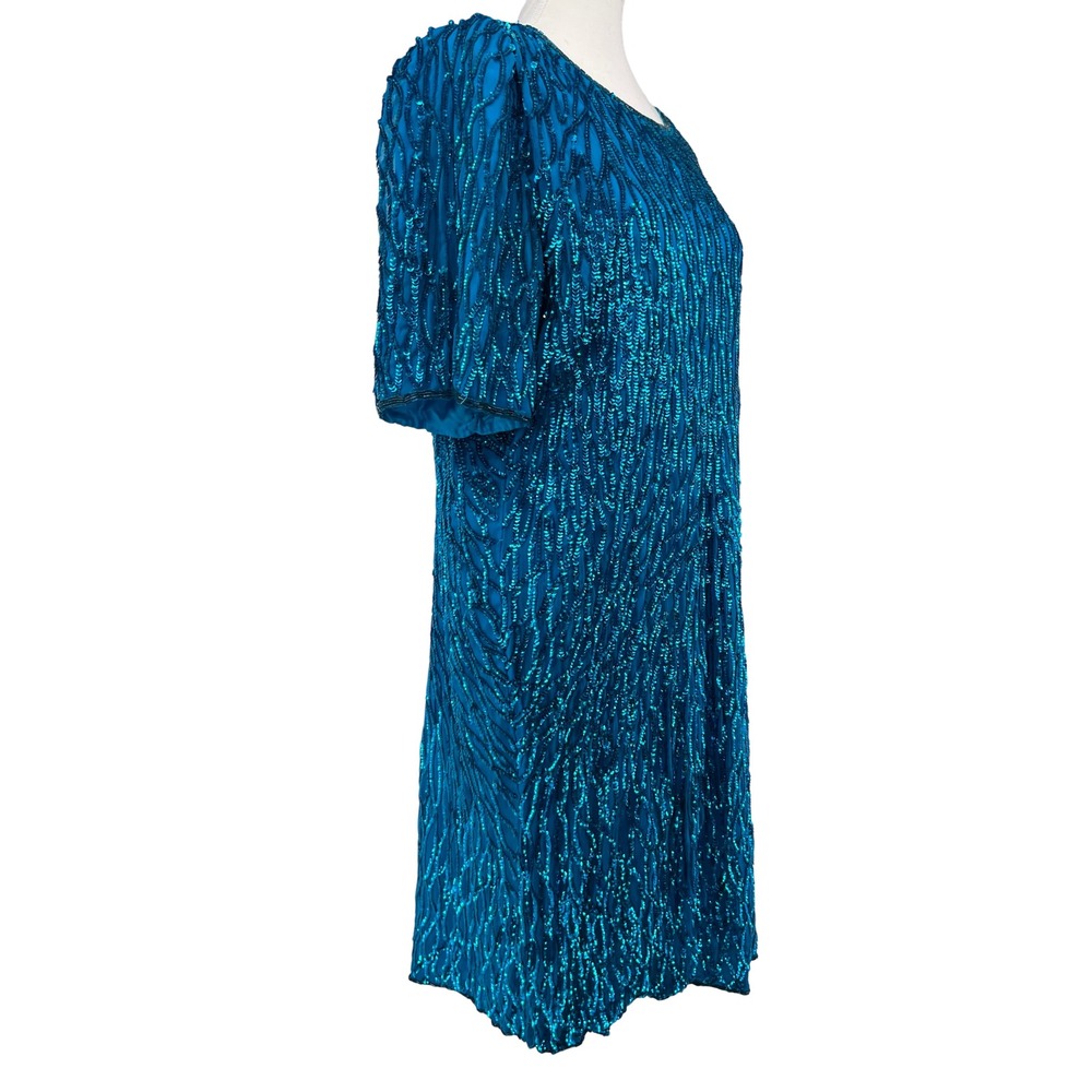Laurence Kazar Teal Beaded Sequin Shift Dress 80s Glamour Evening Party Large L